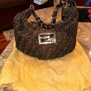 Fendi Tobacco Zucca Canvas and Patent Leather Mia Hobo